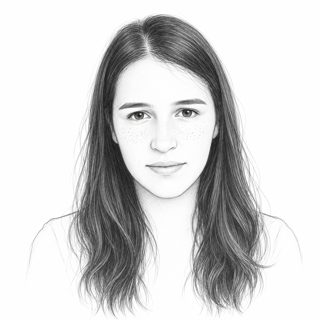 Retrato a lápiz de Mónica Niño, de frente.